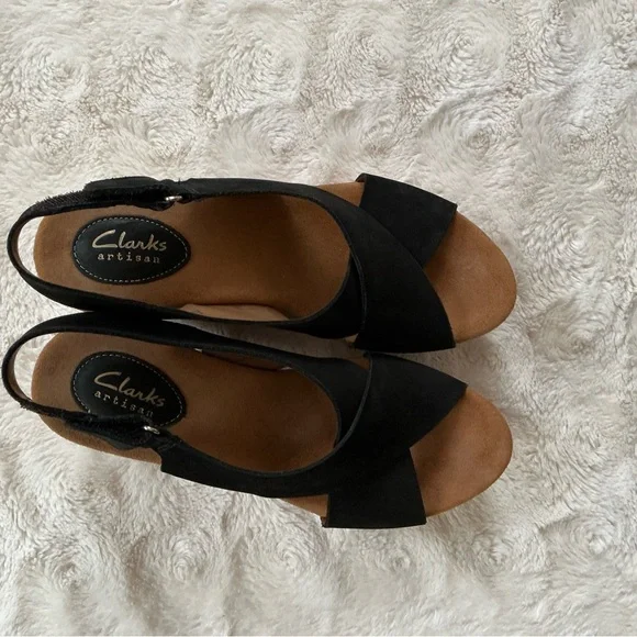 Clarks Black and Brown Wedge Sandals - Picture 3 of 5